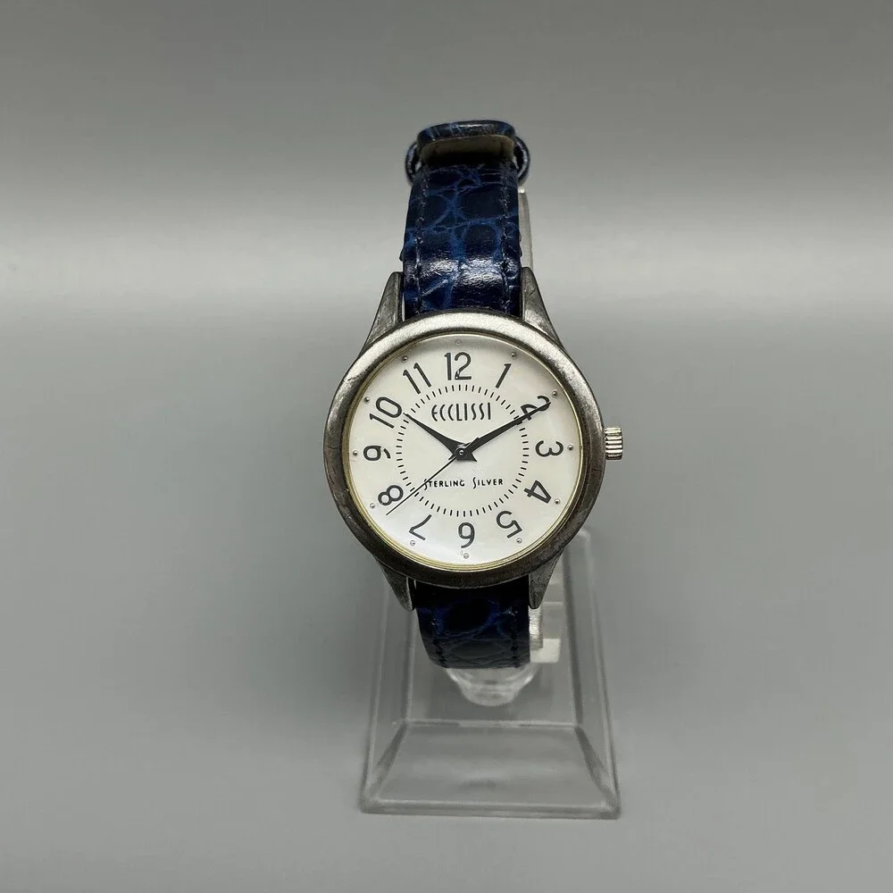 Ecclissi 23182 Womens Watch 29mm Sterling Silver Blue Leather New Battery